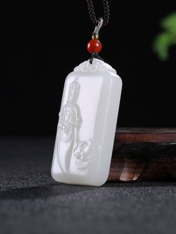省级大师王朝安和田玉白玉观音莲花牌子挂件吊坠43.98g